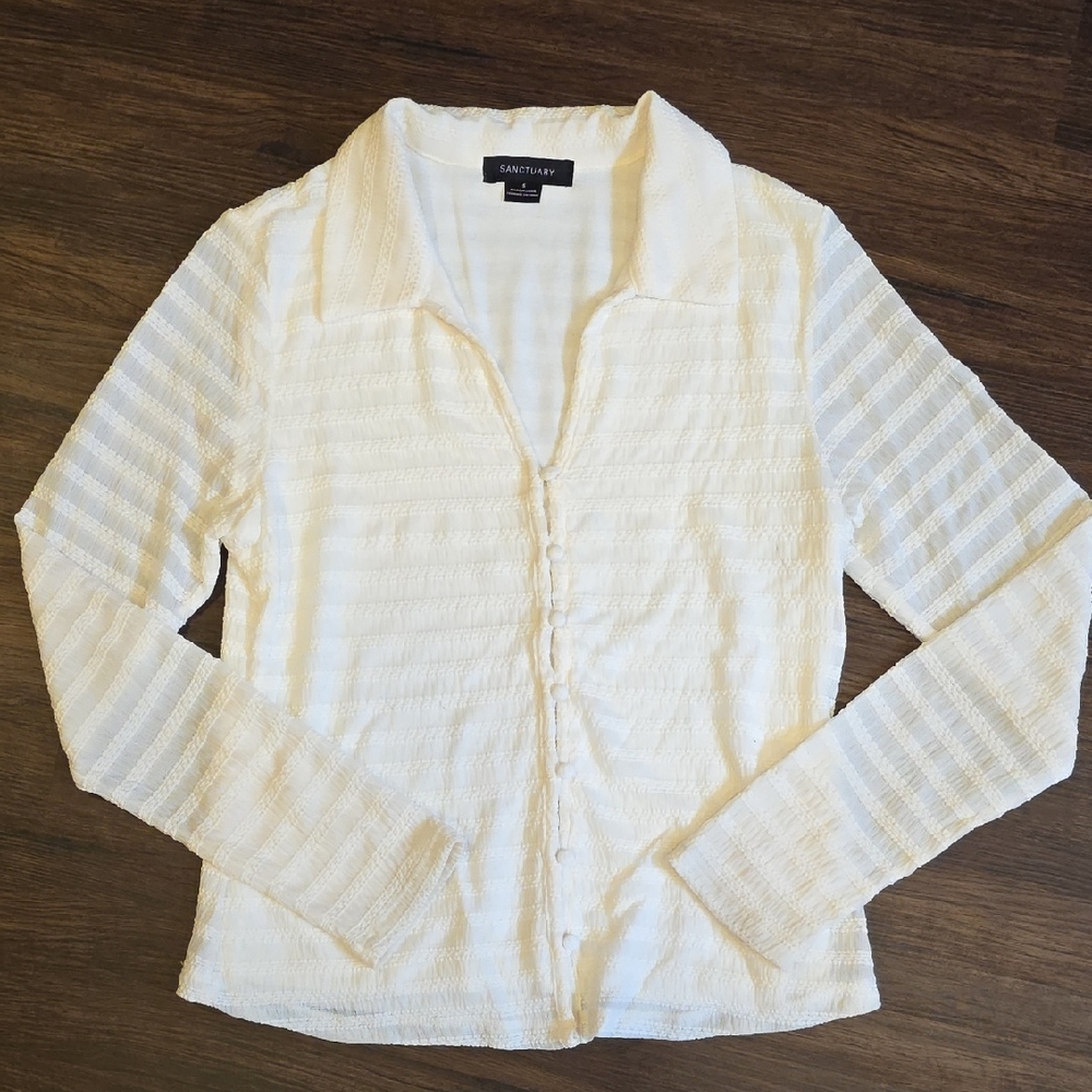 Sanctuary WinterWhite/CreamTextured Button-Front Long Sleeve Shirt Size Small